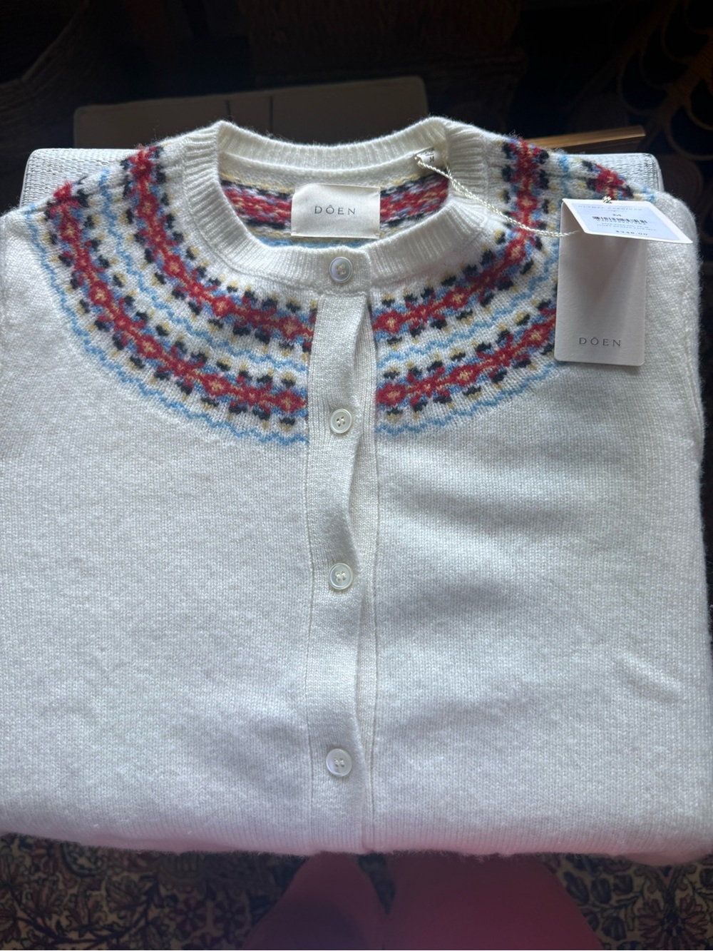 Doen Cream Crewneck Fair Isle Wool-Blend Cardigan with Red & Blue Yoke